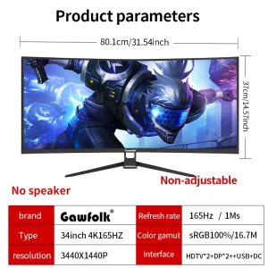 Gawfolk Monitor 34'' 144Hz Bandfish Screen Curved 1500R Gaming Bezel-less